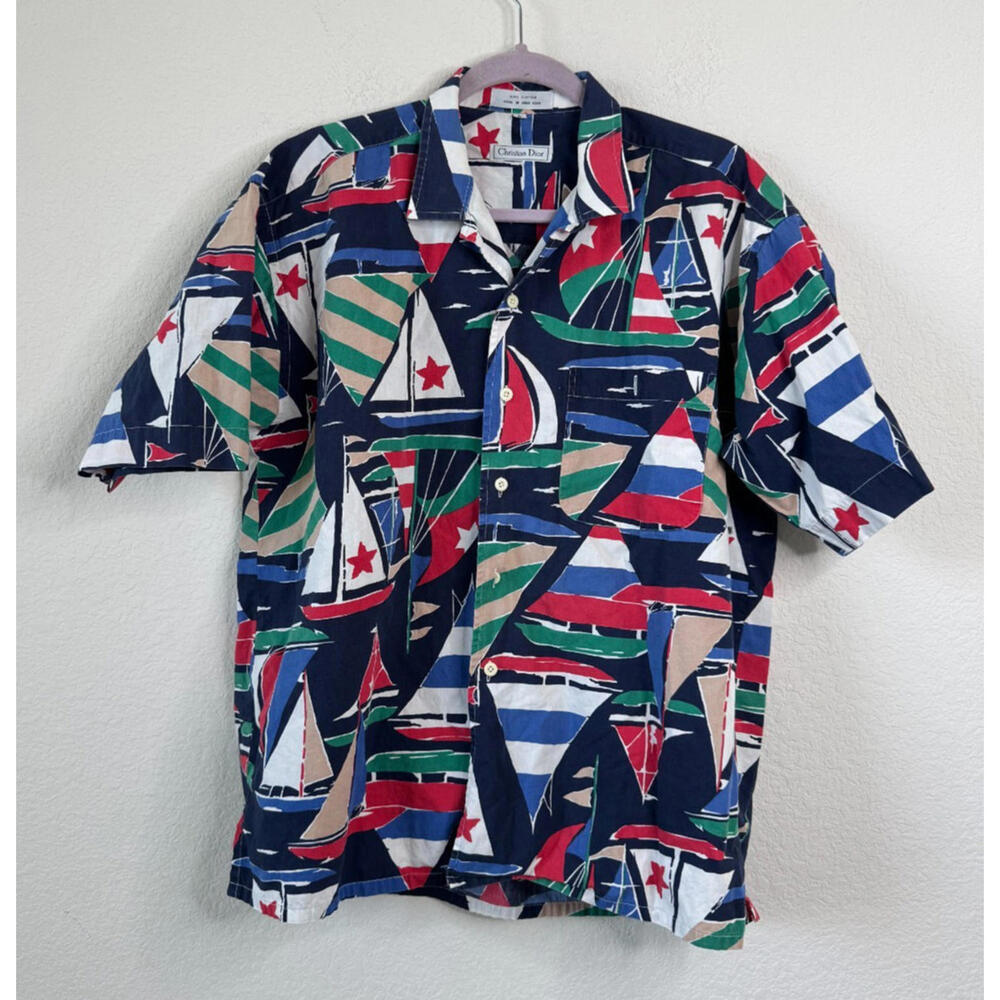 Vtg Christian Dior Hawaiian Shirt Mens Sz L Sailing Boats Print Beach Resortwear